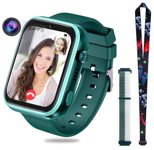 OKYUK 4G Smartwatch für Kinder, GPS-Tracker, mehrere Desktop-Stile zur Auswahl, Zwei-Wege-Anrufe, Bildkompetenz, SOS, WLAN, wasserdichter Touchscreen für 4–12 Jungen und Mädchen (T45 Grün)