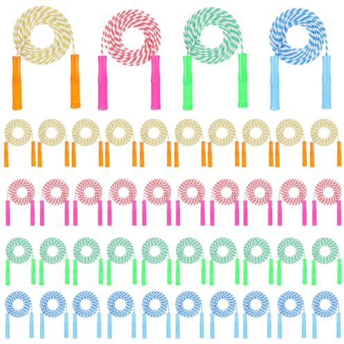 40 Pack Colorful Kids Jump Rope Set, 7.6ft Colorful Jump Rope for Kid Bulk Adjustable Length Stripe Skipping Ropes with Plastic Handles for Outdoor Exercise Sport Party Equipment