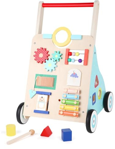 Chariot de Marche en Bois Bébé, Trotteur Bébé pour Enfant Activité, Cadeau de Jouet d'Activité et de Développement pour les Garçons Filles 1-3 ans(Multicolore)