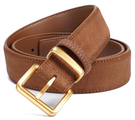 GOTOANT Wide Suede Belt Women Genuine Leather Ladies Waist Belt for Jeans Dress Casual Square Gold Buckle, 1.1(28mm) Wide Tan, Fits waist size: 26-35