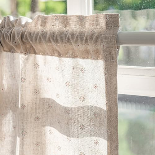 NSXIN Scheibengardine Halbtransparent Bistrogardine Blumen Küchengardinen Landhausstil Gardinen Quasten Vorhänge Kurz für kleine Fenster Küche Wohnzimmer (Weiße Chrysantheme,150cm*46cm)