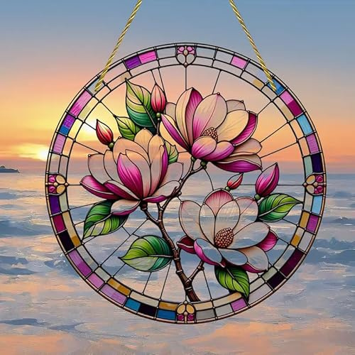 Magnoliaträd blommar målade fönster hängande solfångare, blomma målat glas solfångare fönsterprydnad målat glas panel solfångare vägg hängande dekor födelsedagspresenter