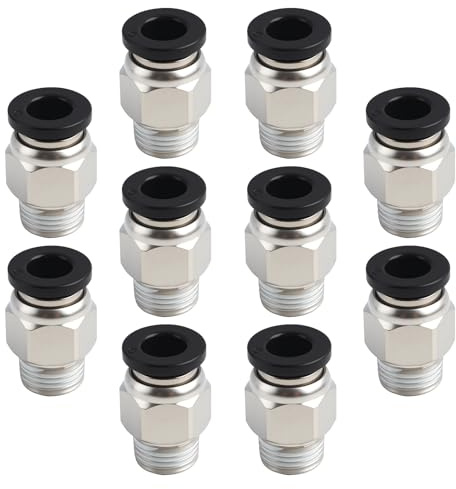 10 st raka hane snabbkontakter, slang 6 mm OD x 1/8 tum BSP-gänga, snabbkoppling med tätningsringbeslag för pneumatiska system, mässing och plast, svart (PC6-01)