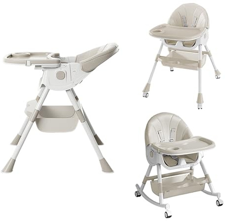 XUANYU 6 en 1 Chaise Haute Evolutive pour Bébés et Enfants, Chaise à Manger Confortable avec Hauteur en 2 Positions, Chaises Haute avec Roues Universelles (Beige-blanc B)