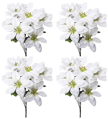 fkngcp Poinsettia Artificiel buissons 4 Pack 7 têtes Fleurs de Noël de la Soie Faux Poinsettia Bouquet Artificiel Poinsettias Fleurs pour Noël Fleur Blanc