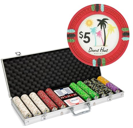 Playzaic 500-piece Aluminum Desert Heat Poker Chip Case - 13.5-gram Heavy Clay Composite Set - Casino Chips for Texas Holdem, Blackjack - Betting Game Accessories