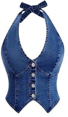 GORGLITTER Women's Denim Halter Neck Tops Tie Jeans Vest Crop Top Waistcoat | Western Cowgirl Outfits, Asymmetrical Hem, Button Front, Backless Top, Denim Top, Cowgirl Top for Festival