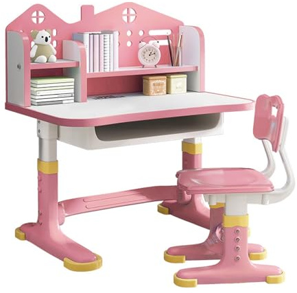 Chicmine Kids Functional Desk and Chair Set, Study Desk for Children with Chair, Kids Desk and Chair Set,Height Adjustable Children School Study Desk with Storage Drawer for Boys Girls