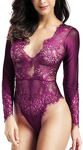 Women Lace Lingerie,Long Sleeves Bodysuit,Deep V Bodysuit Lingerie,Sheer Mesh Teddy Lingerie Dark Purple Small