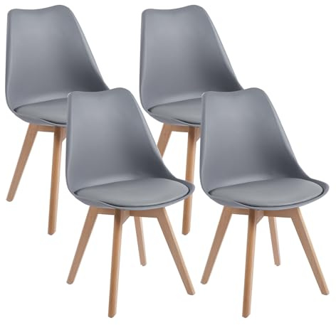DEWINNER Sedie da sala da pranzo scandinave, sedia da ufficio retrò, seduta imbottita in faggio massiccio (Grigio, confezione da 4)