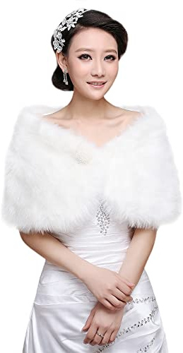 Women Girls White Bolero Shawl for Brides Wedding Dress Party Small Size Long Short Faux Fur Stole Shawl Tippet Bridesmaid Shrug Queen Shoulder Cape for Girls Ladies Female, Small Size