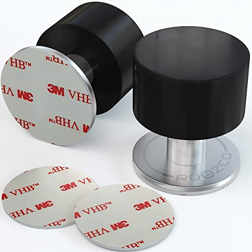 ROAZCO Door Stoppers 2-Pack with Extra Stickers - Two Self-Adhesive Black Rubber Door Stops - Heavy Duty Stainless Steel Body with Sound Dampening Bumper Top - Ideal for Home and Office Use