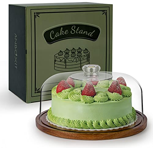ANBOXIT Alzata Torta con Coperchio, Alzatina per Dolci in Legno di Acacia, Alzata per Dolci in Plastica, Espositore per torte con Cupola in Acrilico, Alzata per Torta Decorativa in Legno (Piatto)