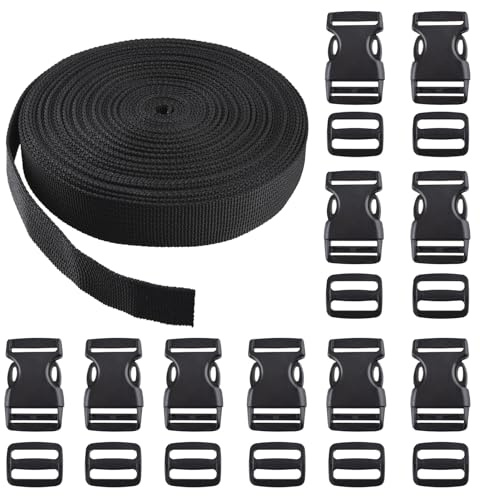 Azarxis Spännrem 25 mm svarta plastspännen 25 mm spännband 10 m snabbbandsspänne för ryggsäcksband bälte (10 m rem med 25 mm spänne)