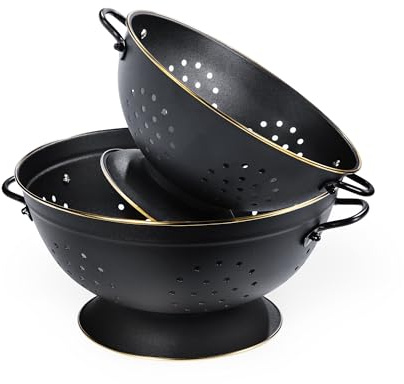 Metal Colander Set of 2, Strainer Basket with Handles perfect for Spaghetti, Pasta, Berry, Vegetable, Fruit, Solid Base Powder Coated Self-draining Kitchen Colander Bowel, 3.5 & 5 Qt, Matte Black