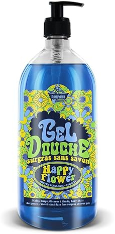 Gel Douche 1L surgras sans savon Happy Flower - Les Petits Bains de Provence, senteur Bergamote & Violette, série limitée HAPPY, pH Neutre, Enrichi en Glycérine Végétale