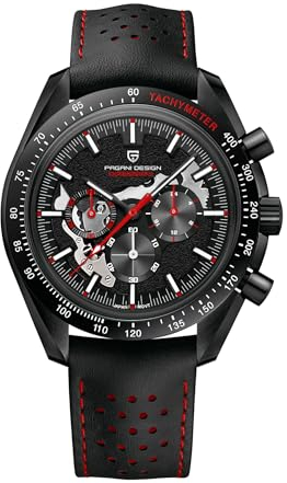 Pagani Design 1779 Luxus Herren Quarzuhr Mond Chronograph Skelett AR Synthetischer Saphir VK63 Uhrwerk Lederband Wasserdicht Sportuhr Full Schwarz, rot
