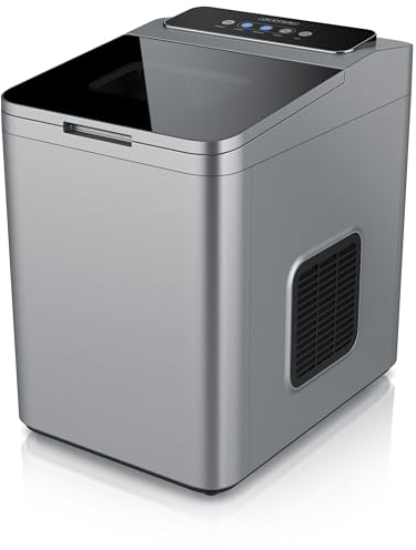 Arendo - Eiswürfelmaschine Edelstahl – Eiswürfelbereiter 1,4 Liter - Eiswürfelautomat mit Kühlung - 2 Eiswürfelgrößen - mit Sichtfenster – Status LEDs - Silber