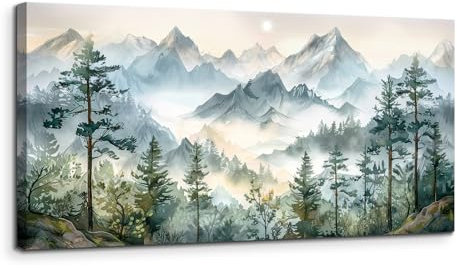 MHARTK66 Tableau Decoration Murale Salon Moderne, 50x100 cm Grand Impression sur Toile, Cadre Decoration Murale Paysage de Montagne Vert, Aquarelle Décoration de Chambre Bureau Maison Décorations
