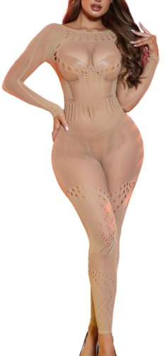XIUSEMY Womens Lingerie Fishnet Bodystocking Attached Stockings Soft Bodysuit Sexy Nightwear Plus Size(Nude)