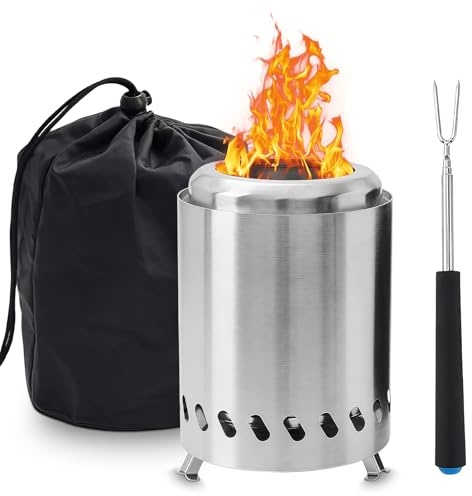 WIYETY Brasero sin humo de acero inoxidable: 20 cm, brasero para exteriores con tenedor telescópico de acero inoxidable, cesta pequeña con bolsa de almacenamiento, ideal para barbacoas, pellets