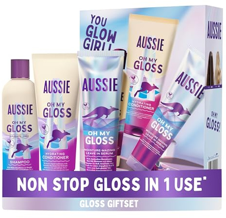 Aussie Oh My Gloss Hydrating Giftset: Shampoo 300ml, Conditioner 200ml, Lightweight Leave-in Serum 160ml. Moisture & Shine Booster for Dull, Dry Hair, with Jojoba, Safflower, Macadamia Nut Oils