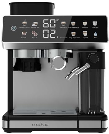 Cecotec Barista Power Espresso 20 Barista Grind & Latte Kaffeemaschine, 1350 W, 20 bar, konische Mühle, 2,6 l Wassertank, 100 g Kaffee und 500 ml Milch, Touchscreen, Selbstreinigung, personalisierbar