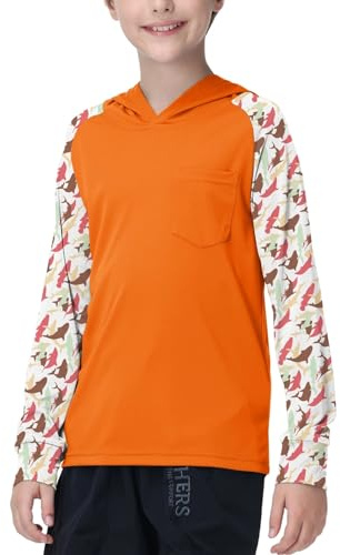 ZITY Boy's Hooded Rash Vest UPF 50+ UV Sun Protection Long Sleeve Swim Tops Shark Print for Boys Outdoor Rash Guard with Pocket Orange