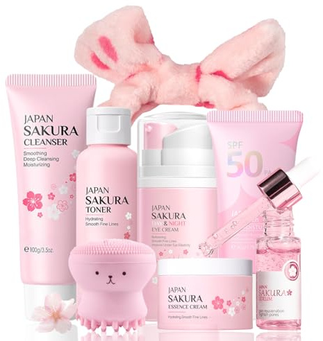 Sakura Skincare Set Teenager Mädchen Geschenke - Skin Care Set - Beauty Set Mädchen 12 Jahre - Sakura Gesichtspflege Set Damen - Geschenkset Frauen mit Sonnencreme 50