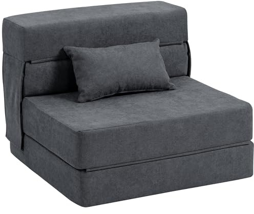 HOMCOM Poltrona Letto Singola Pieghevole Moderna, Poltrona da Terra Salvaspazio Convertibile in Chaise Longue e Materasso, Letto per Salotto, Soggiorno e Studio, 80x80x64 cm, Grigio Scuro