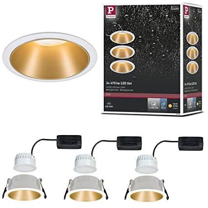 Paulmann 93406 LED spots encastrés Cole rond incl. 3x6,5 watts gradable projecteurs encastrés Blanc, Doré mat Lampe encastrée plastique, Alu zinc Spot pour plafond 2700 K