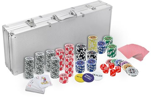Aufun Maletín de póquer con 500 fichas láser, Incluye 2 Barajas de póquer, 5 Dados, botón Dealer, Big Blind, Little Blind, Juego de póquer con Carcasa de Aluminio Plateado con 2 Llaves