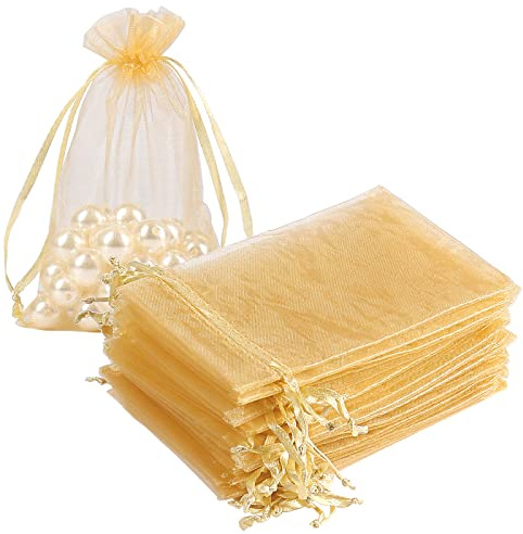HRX Package 100pcs Gold Organza Gift Bags Medium, 10x15cm Jewellery Pouches Drawstring for Confetti Lavender Wedding Favour Wax Melts