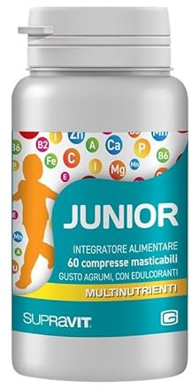 Supravit Junior, integratore alimentare a base di vitamine e minerali, 60 compresse masticabili, gusto agrumi, per completo fabbisogno nutrizionale dei bambini da 4 anni in su.