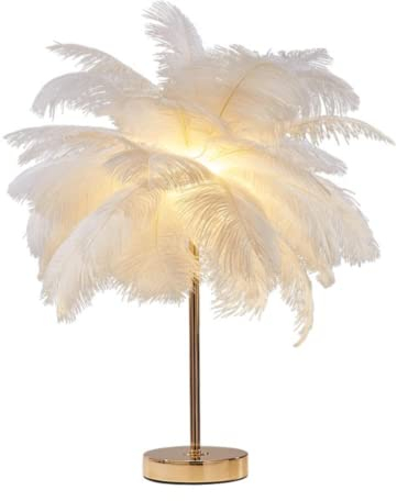 DUNMW Lampada da tavolo creativa in piuma di struzzo bianco lampada da comodino elegante paralume illuminazione da tavolo luce notturna per soggiorno camera da letto decorazione domestica, plug-in
