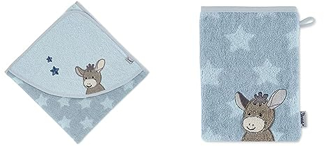 Sterntaler Kapuzenbadetuch Esel Emmi, Alter: ab 0 Monate, 100 x 100 cm, Baumwolle, Mittelblau & 7202000 Waschhandschuh Emmi, blau