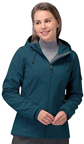33,000ft Chaqueta Softshell para mujer, impermeable, transpirable, cálida, de invierno, chaqueta de transición de forro polar, chaqueta funcional resistente al viento con capucha, Cian Oscuro, 3XL