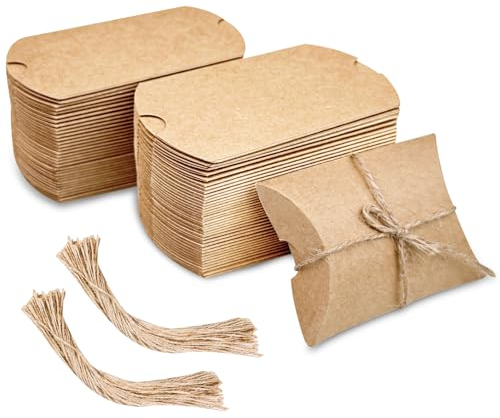 Relota 100 Kleine Geschenkboxen, Pralinenschachtel aus Kraftpapier, 9 * 6.5 * 2.5cm Bonbonschachtel aus Papier mit 40cm Seil, Perfekt Kissenschachtel für Hochzeiten, Diy-Boxen, Partydekorationen