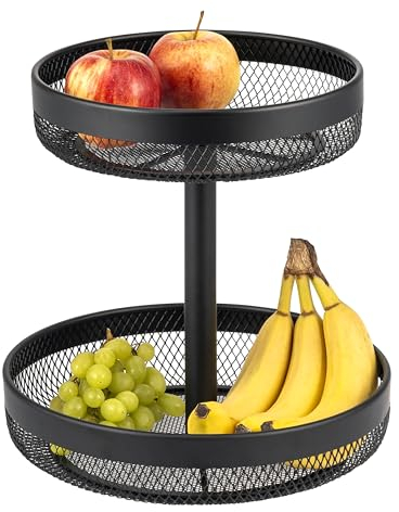 eluno 2-stöckige runde Obstetagere/Brotkorb, Etagere, Obstschale, Obstkorb aus schwarzem Metall, viel Platz für die übersichtliche Lagerung von Obst, Gemüse, Brot und Snacks in Küche und Wohnzimmer