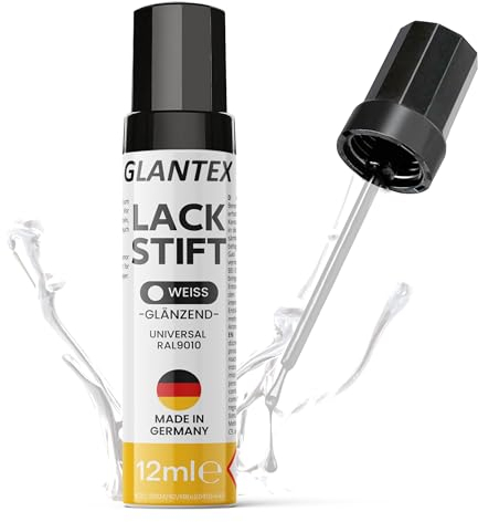 GLANTEX Lackstift Weiß glänzend [12ml] - Autolack mit hoher Deckkraft gegen Kratzer und Steinschläge, für Auto, Felgen, Möbel, Heizkörper - RAL 9010 (Weiß Glanz)
