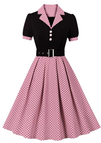 Odizli Vestidos Rockabilly para Mujer de los Años 50 Vintage Audrey Hepburn Manga Corta Escote en V de Lunares Swing Vestido de Cóctel, rojo, rosa, M