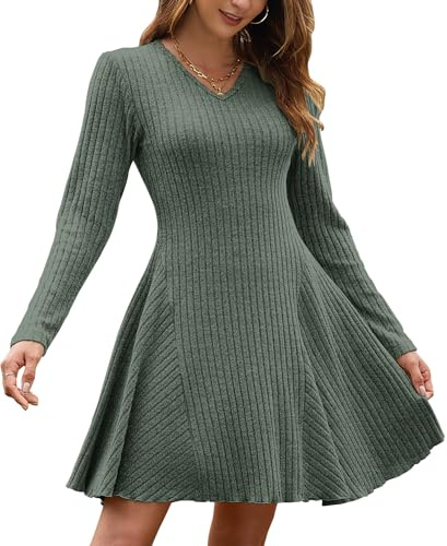 AUSELILY Autumn Dresses for Women UK Lightweight Winter Jumper Dress Knitted V Neck A Line Long Sleeve Dresses Knee-Long Sweater Dress Elegant Dark Green L