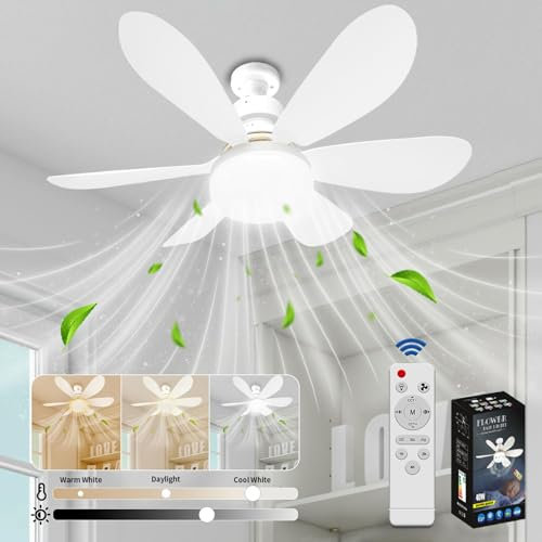 VHV Ventilateur de Plafond avec Lumière et Telecommande, LED Ventilateur Dimmable Plafonnier avec 40W E27 Lampe Intégrée, 6 Pales, 3 Vitesses, Silencieux, pour Salon, Chambre, Coucher (Blanc)
