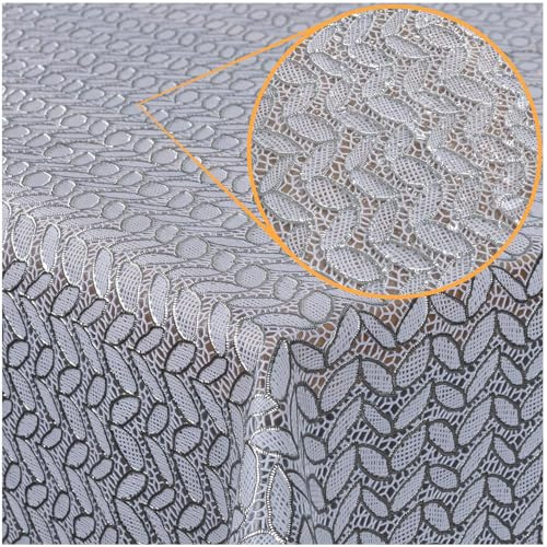 ANRO Bordsduk tvättbar vaxduk vaxduk vaxduk spets vinyl virkad spets utseende 240 x 138 cm blad silver avtorkbar vaxduk vattenavvisande trädgårdsduk metervara