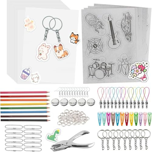Kznifmk A5 ShrinkyDink Schlüsselanhänger-Set, Shrink Dinks Papier-Sets für Kinder, DIY-Kunsthandwerk mit Schlüsselanhänger, Ohrringen, Haarspangen, Brosche