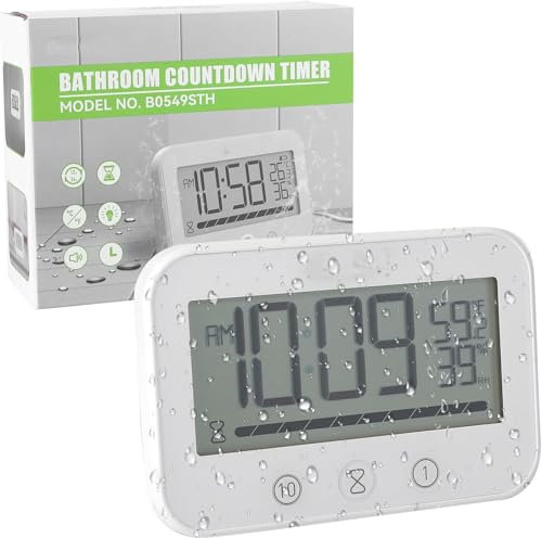 Focenat Orologio da Bagno Impermeabile con Timer per Doccia - Display Digitale di Temperatura e Umidità, Timer da Cucina a Batteria