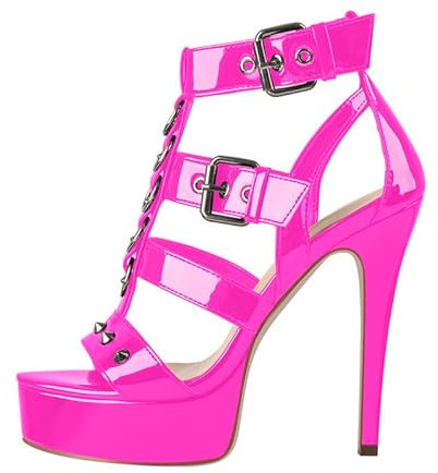 blingqueen Gotische Sandalen Punk Sandaletten High Heels T-Riemen Schaftsandalen mit Nieten Schnallen Lack Viva Magenta 42 EU