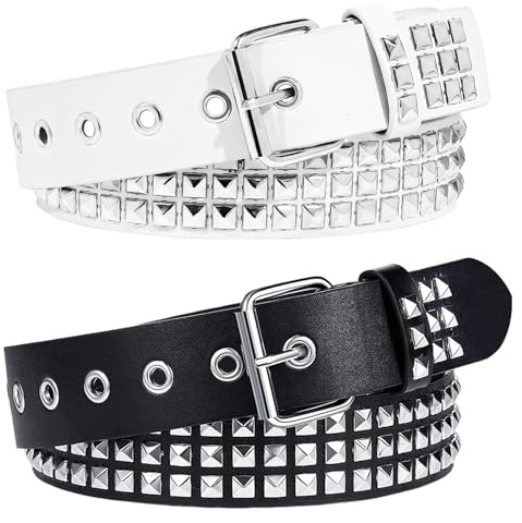 AEXHOT 2 Pcs Black White Studded Belt Y2k Belt Punk Rock Belts with Grommet Threads Bright Metal Pyramid Gothic Belts for Women Men