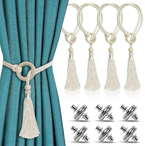 ADNEWX 4 Nappe per Cordino per Tende con 6 Clip Magneti per Tende, Regolabili Fermatenda perTende Intrecciate 21,7 Pollici per Tende, Ideali per Casa e Ufficio(Beige)