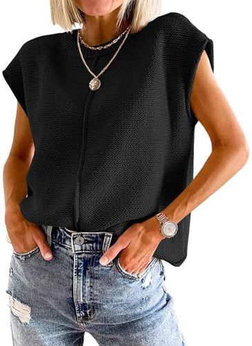 Jhsnjnr Womens Summer Holiday Cap Sleeve Blouse Knitwear Tank Tops with Oversized Jumper Look Lovely Crewneck Black